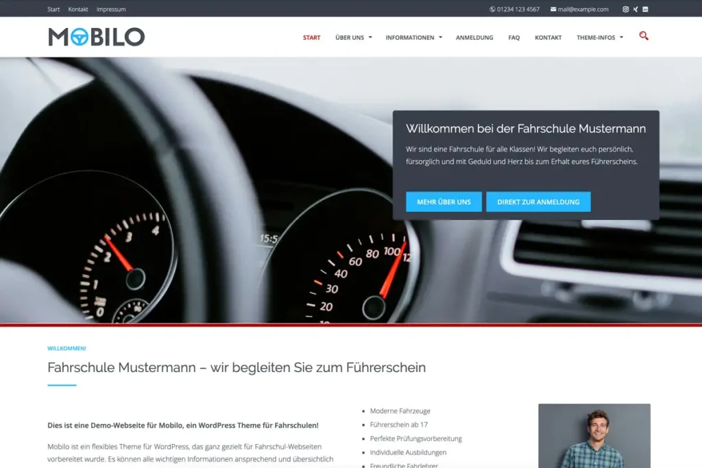 Screenshot Mobilo-Theme für Fahrschulen - Startseite
