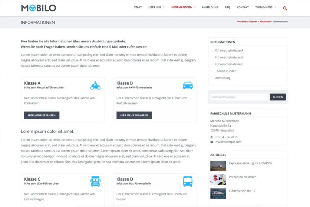 Screenshot Mobilo-Theme für Fahrschulen - Leistungen