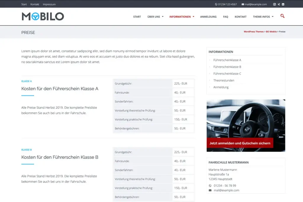 Screenshot Mobilo-Theme für Fahrschulen - Angebote
