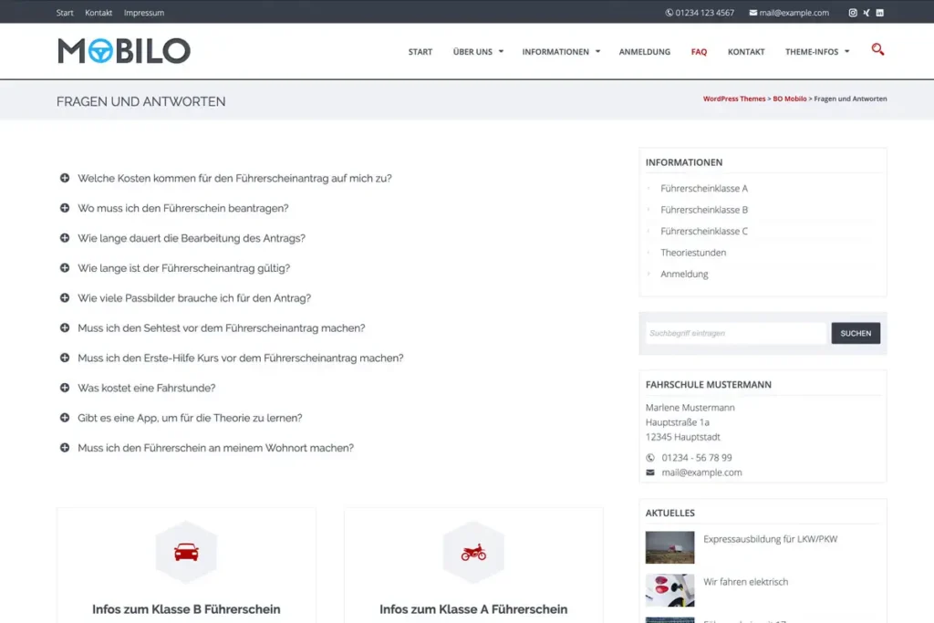 Screenshot Mobilo-Theme für Fahrschulen - Informationen