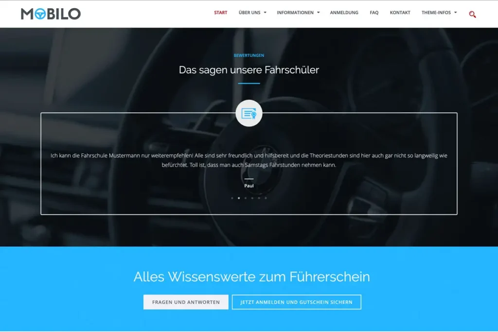 Screenshot Mobilo-Theme für Fahrschulen - Startseite