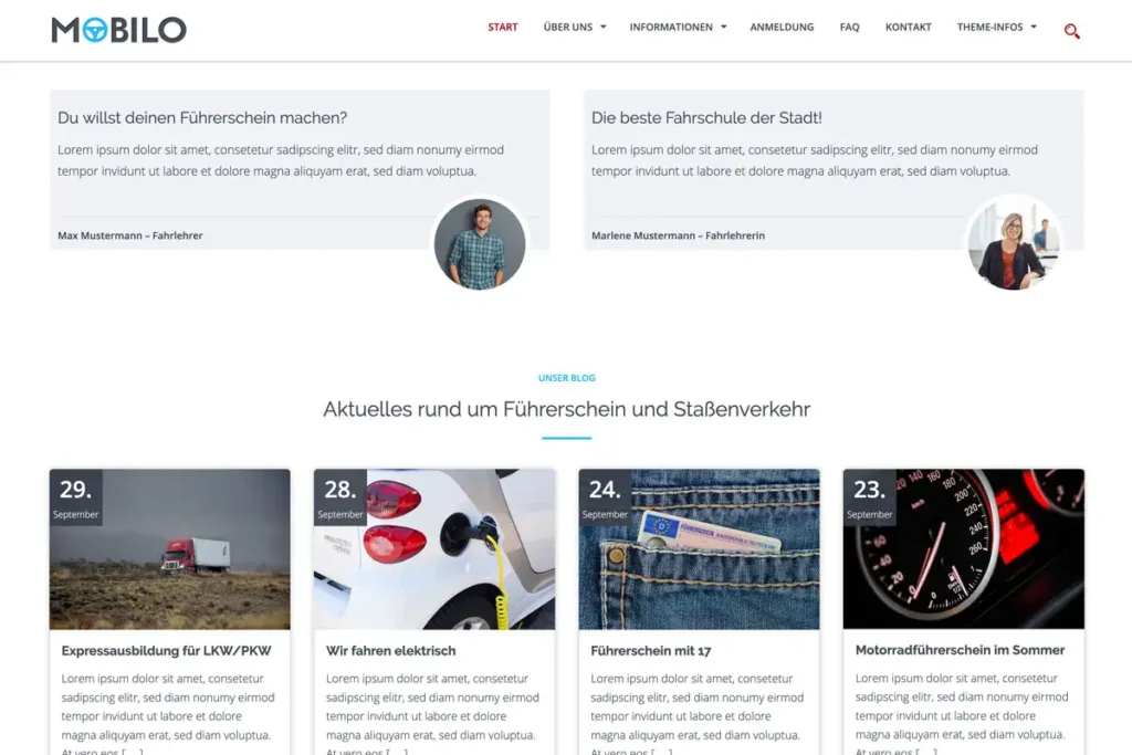 Screenshot Mobilo-Theme für Fahrschulen - Startseite