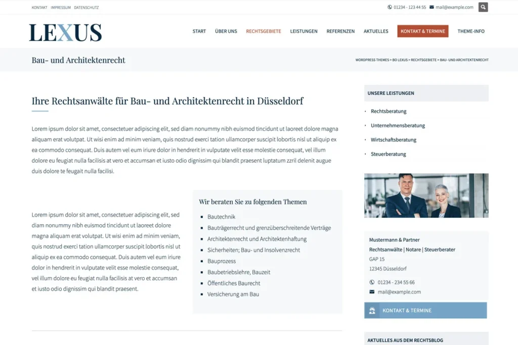 Lexus WordPress Theme - Screenshot Rechtsgebiete