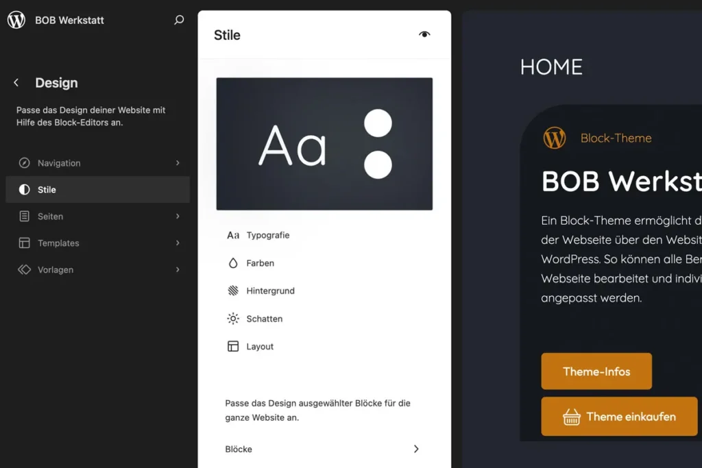 WordPress Website-Editor - Hier können Stile bearbeitet werden