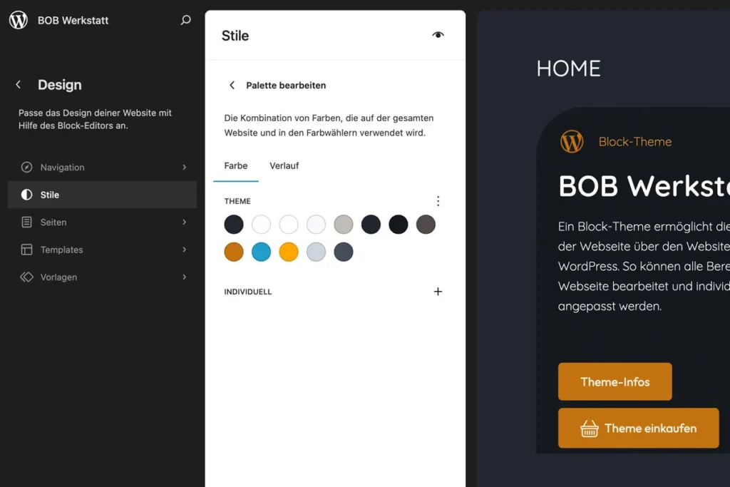 WordPress Website-Editor - Eine individuelle Farbpalette ist einstellbar