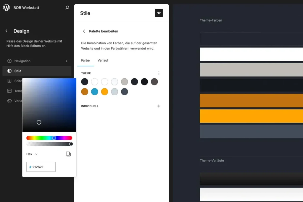 WordPress Website-Editor - Es können zusätzliche Farben zur Palette zugefügt werden