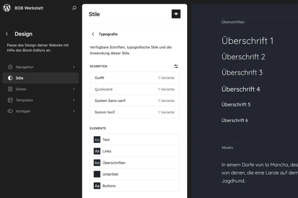 WordPress Website-Editor - Schriften können eingestellt oder es können zusätzliche Schriften installiert werden